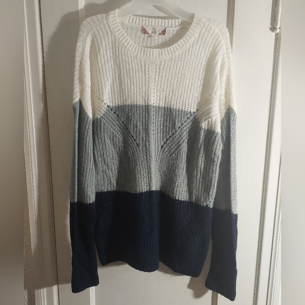 Gray And White Striped Knit Pink Rose Sweater Size Med Winter Gift Cozy Minimal